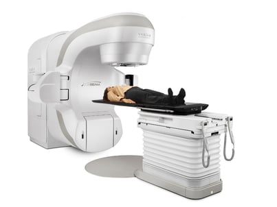 Female patient receiving radiation therapy on TrueBeam six-degrees-of-freedom table