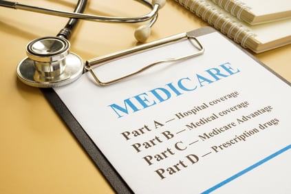 Papers about types of medicare insurance and a stethoscope