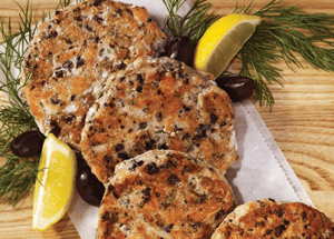 Tortitas de salmón con aceitunas, limón y eneldo